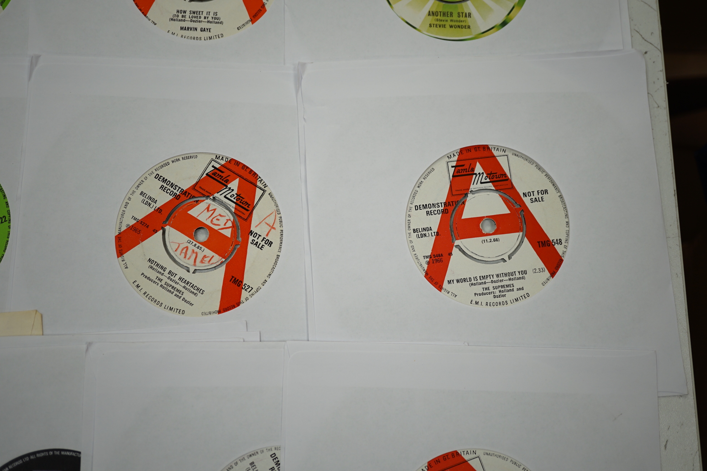 Twenty-two demo 7” singles, all Tamala Motown with printed demo labels by Stevie Wonder, Diana Ross, Gladys Knight, Marvin Gaye, the Supremes, Miracles, etc.